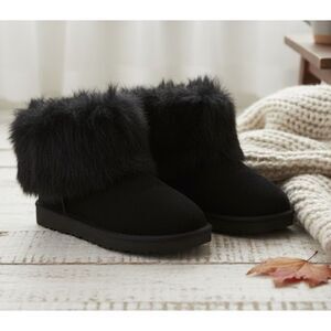 UGG Valentina Ankle Boots Black Suede Fluff Collar Rhinestone Button Lined Sz 5